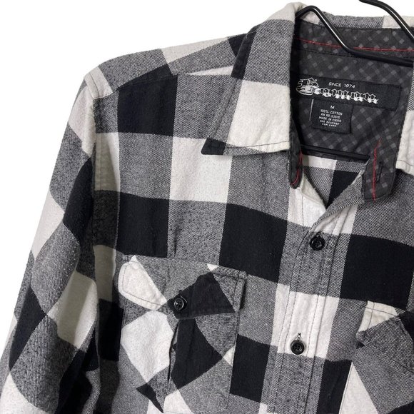 Koman Mens M Black and White Plaid Flannel Shirt Long Sleeve Button Chest Pocket - Picture 7 of 12